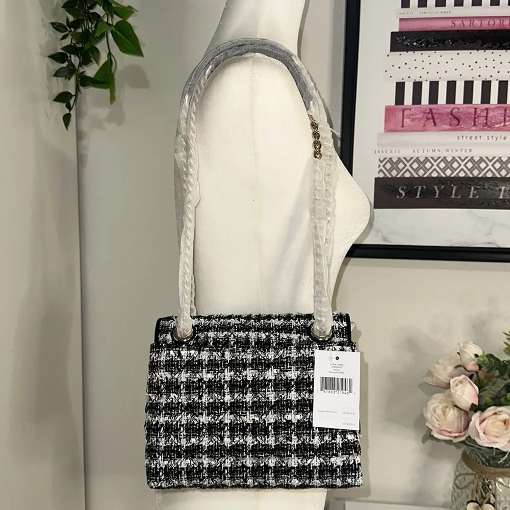 KATE SPADE-tweed Blk & Wht Natalia Flap Crossbody Shoulder Bag NWT - Picture 14 of 16